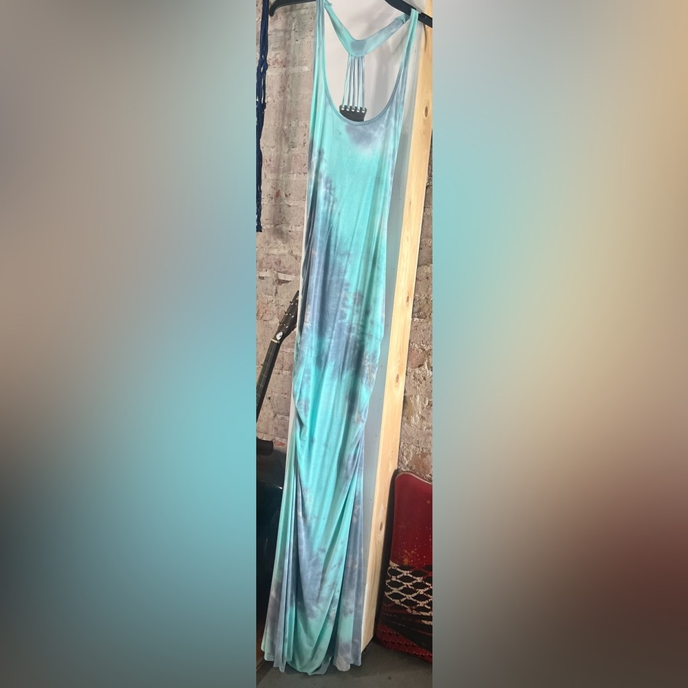 Strappy back Venus maxi dress beautiful blues, grey & greens